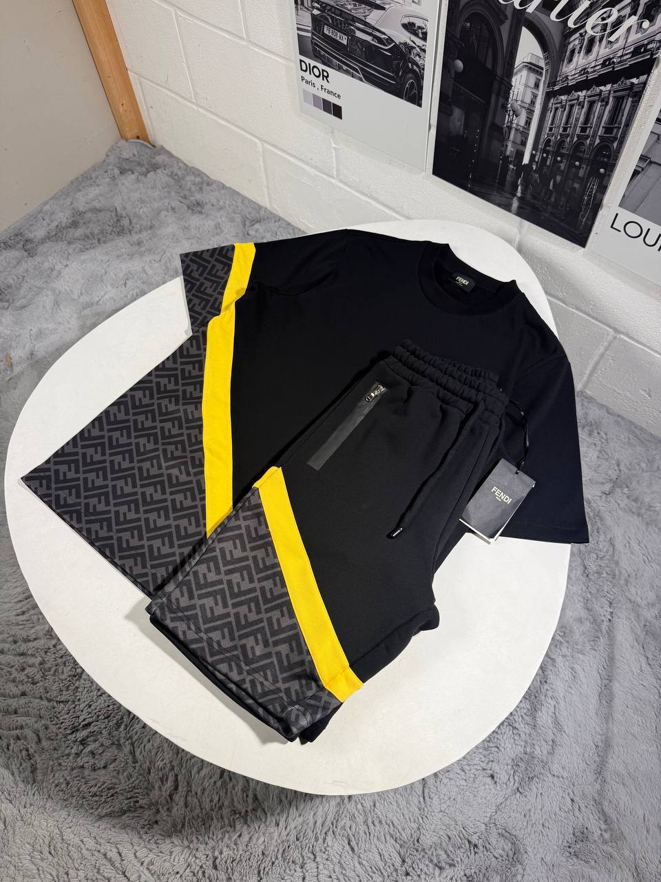 Fendi Men's Diagonal FF Jacquard Lounge Set in Black & Yellow Reps UK Best Quality Sale AAA Replica