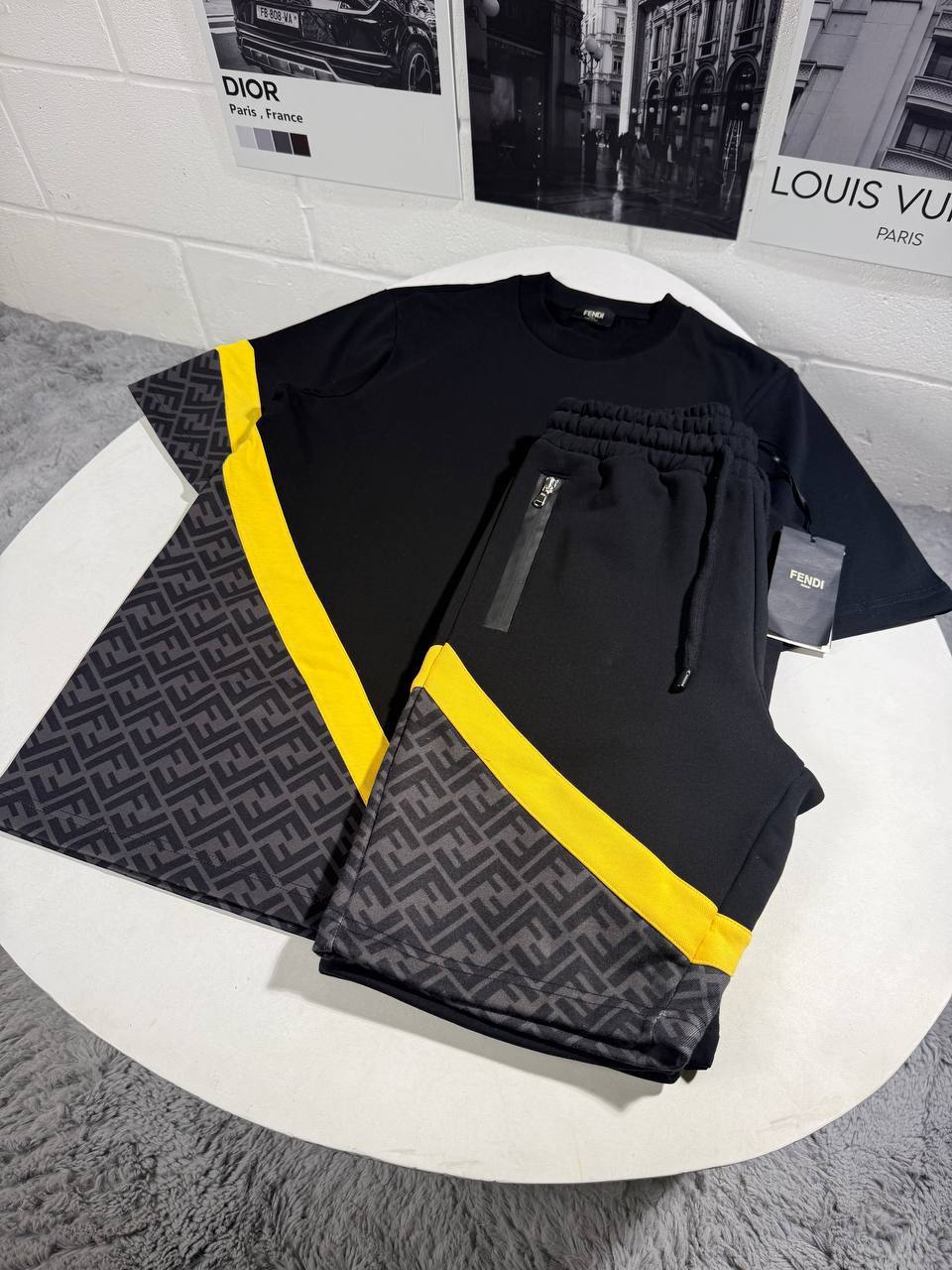 Fendi Men's Diagonal FF Jacquard Lounge Set in Black & Yellow Reps UK Best Quality Sale AAA Replica