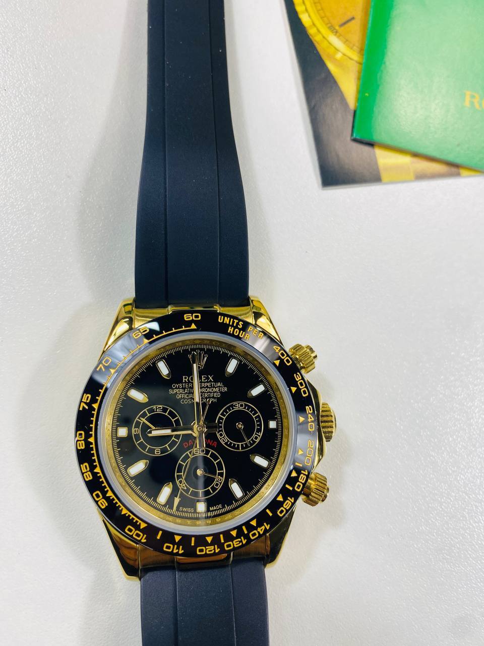 Rolex Cosmograph Daytona Men's Watch Reference 116518LN Yellow Gold Black Index Dial Rubber Strap Reps UK Best Quality Reps AAA Replica