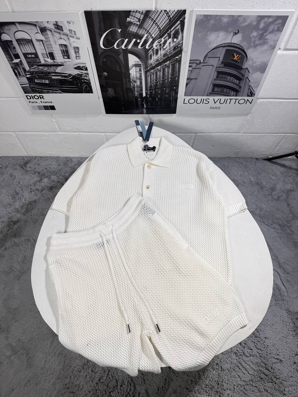 Amiri Logo Embroidered Open-Knit Crochet Polo Shirt and Shorts Co-ord Set Reps UK Best Quality Sale AAA Replica