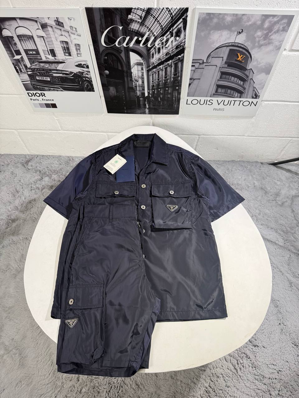 Prada Enamel Triangle Logo Re-Nylon Short-Sleeve Cargo Shirt & Shorts Co-ord Set in 2 Colors Reps Sale UK Best Quality AAA Replica