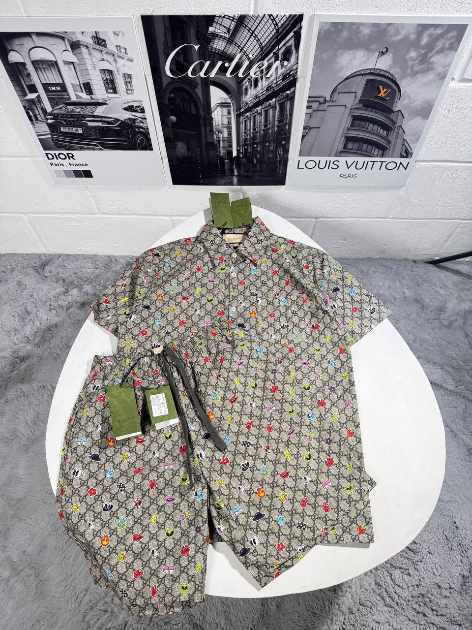 Gucci GG Supreme Canvas Face Print Short-Sleeve Shirt and Shorts Set Reps UK Best Quality Sale AAA Replica