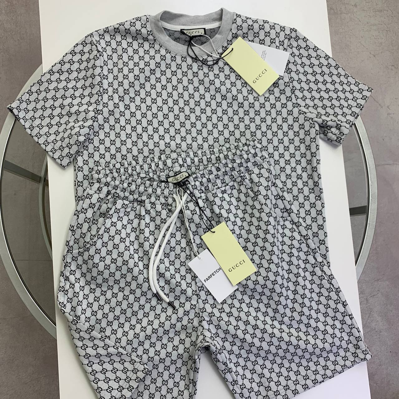 Gucci GG Monogram Men's T-shirt and Drawstring Shorts Set in Gray & Black Colorway Reps UK Best Quality Sale AAA Replica