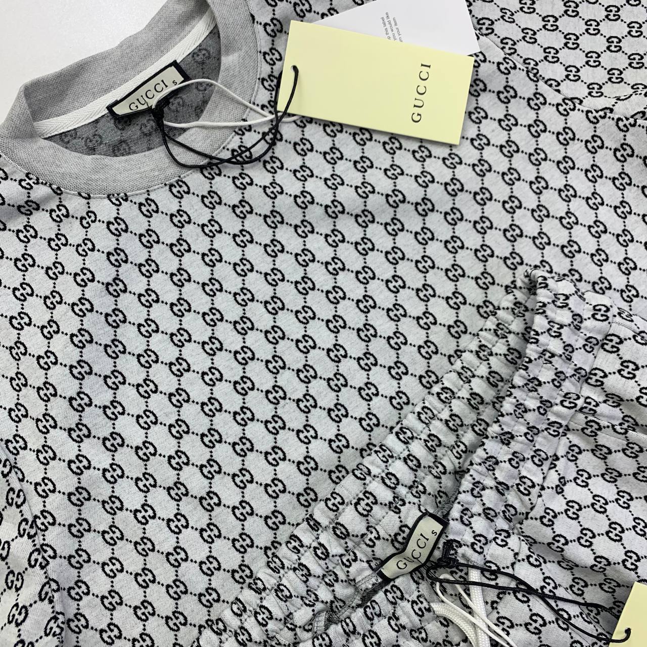 Gucci GG Monogram Men's T-shirt and Drawstring Shorts Set in Gray & Black Colorway Reps UK Best Quality Sale AAA Replica