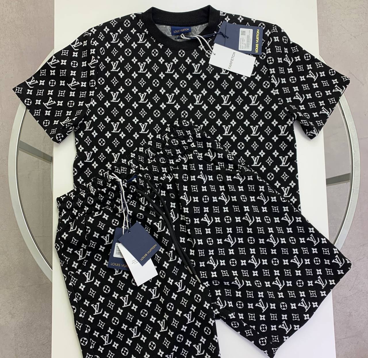 Louis Vuitton Black and White Monogram Jacquard T-Shirt and Shorts Set Men's Reps Sale UK Best Quality AAA Replica