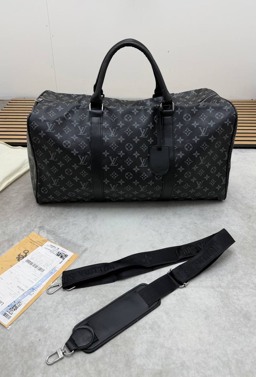 Louis Vuitton Black Monogram Eclipse Canvas Duffle Bag with Leather Shoulder Strap Men's Women's Reps Sale UK Best Quality AAA Replica