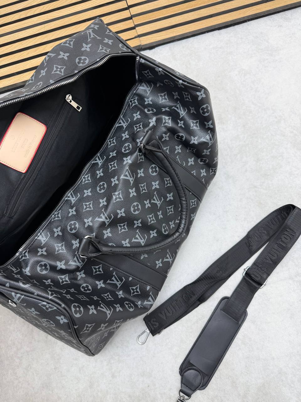 Louis Vuitton Black Monogram Eclipse Canvas Duffle Bag with Leather Shoulder Strap Men's Women's Reps Sale UK Best Quality AAA Replica