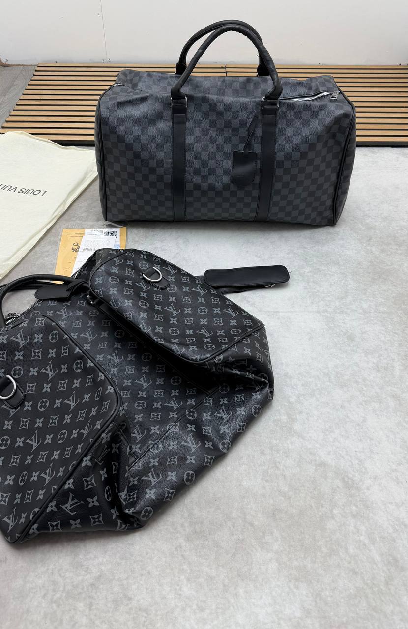 Louis Vuitton Black Monogram Eclipse Canvas Duffle Bag with Leather Shoulder Strap Men's Women's Reps Sale UK Best Quality AAA Replica