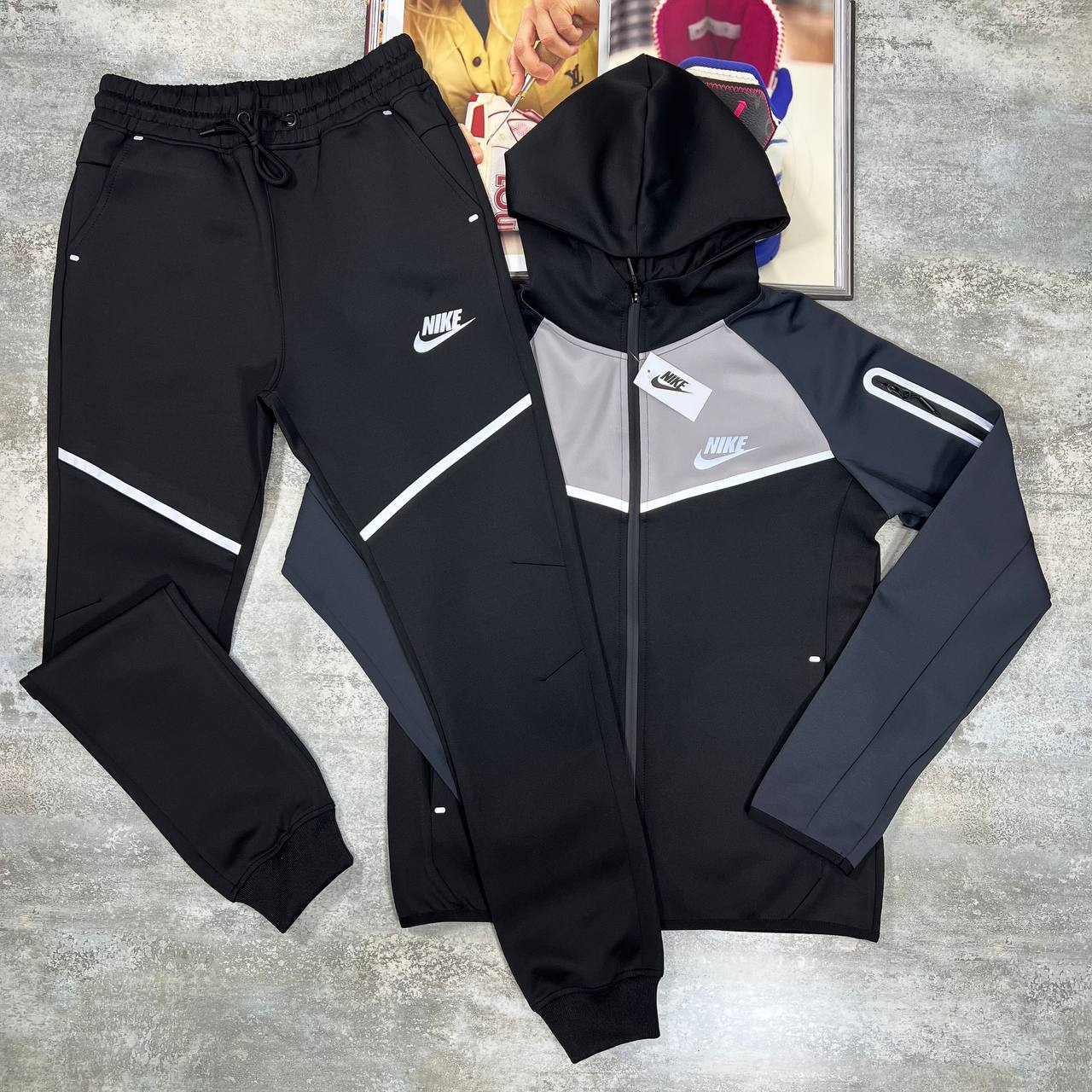 Nike Men's Tech Fleece Full-Zip Hooded Tracksuit Set in Black/Grey Color Reps Sale UK Best Quality AAA Replica