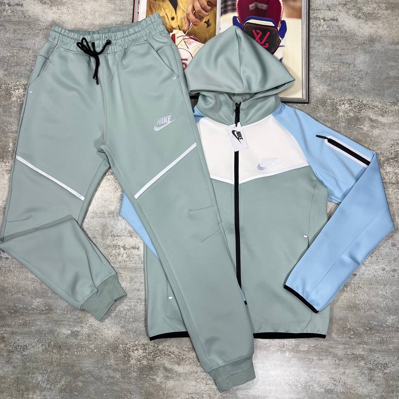 Nike Men's Tech Fleece Full-Zip Hooded Tracksuit Set in Mint/Blue/White Color Reps Sale UK Best Quality AAA Replica