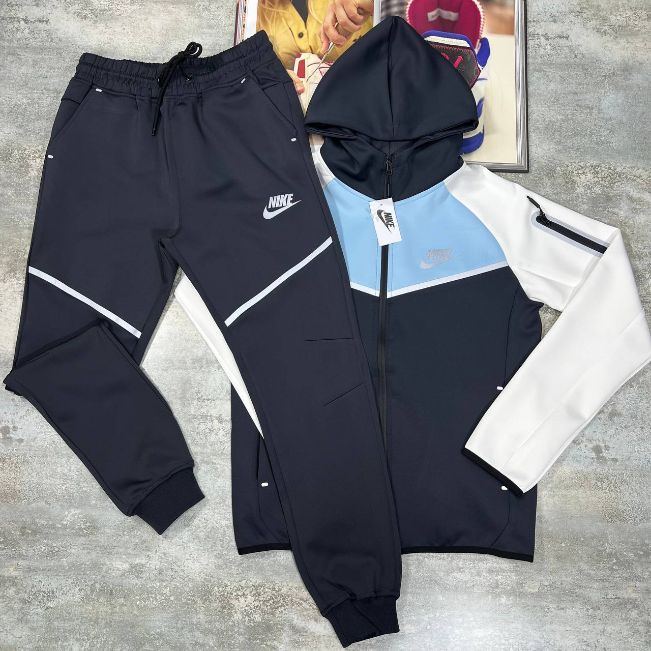 Nike Men's Tech Fleece Full-Zip Hooded Tracksuit Set in Navy/Blue/White Color Reps Sale UK Best Quality AAA Replica
