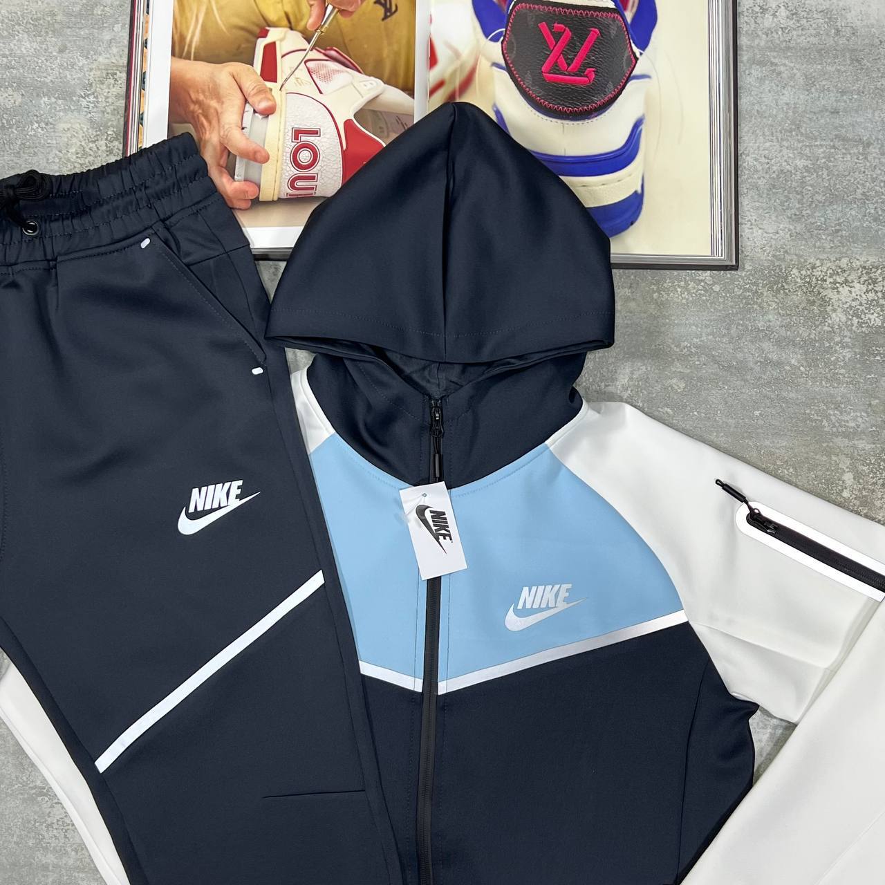Nike Men's Tech Fleece Full-Zip Hooded Tracksuit Set in Navy/Blue/White Color Reps Sale UK Best Quality AAA Replica