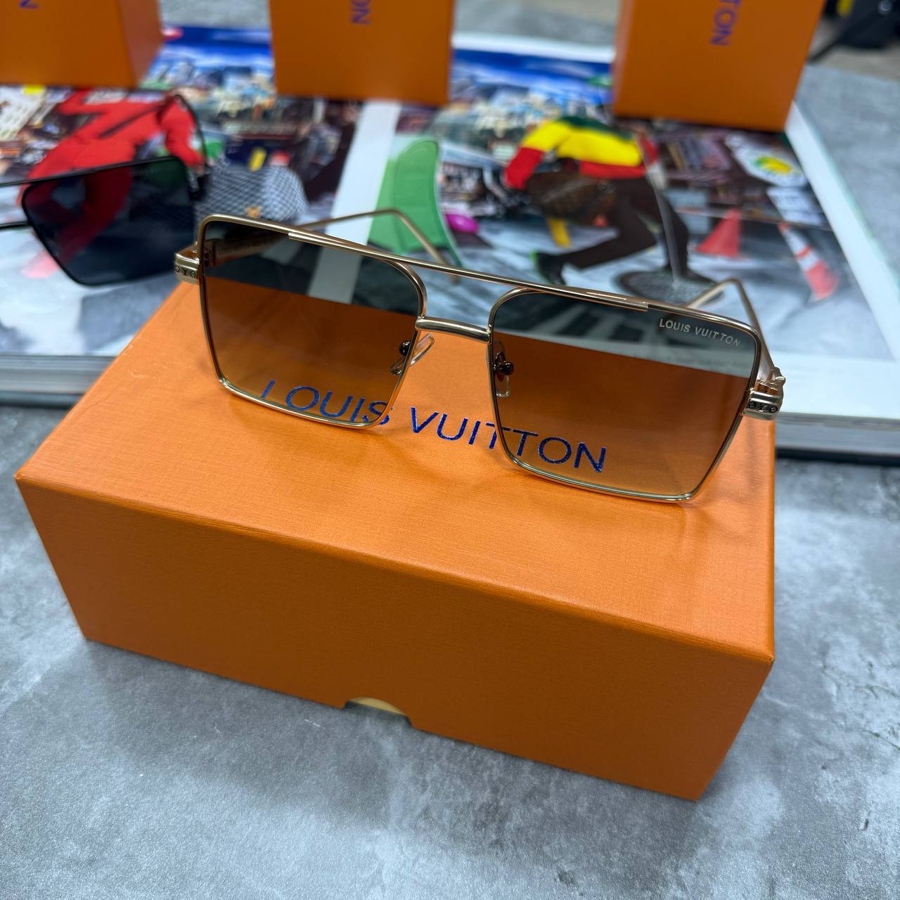 Louis Vuitton 1.1 Evidence Metal Square Sunglasses in Gold/Brown Men's Women's Reps Sale UK Best Quality Sale AAA Replica