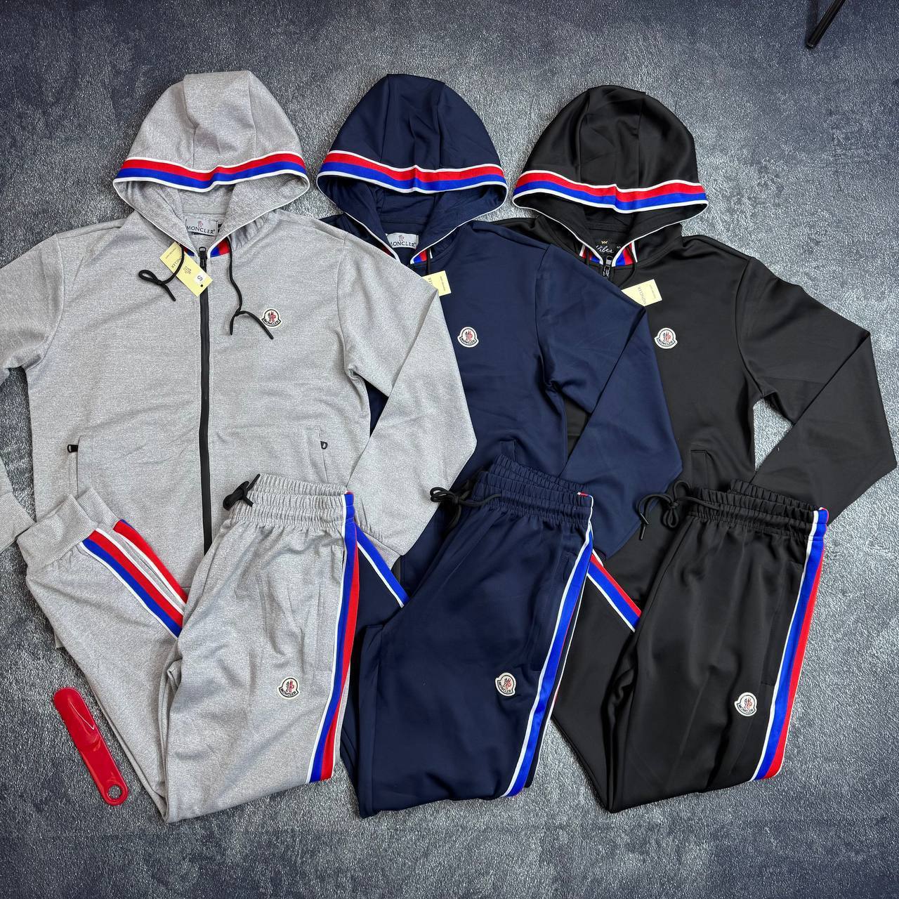 Moncler Zip-Up Tracksuit with Tricolor Stripes in Different Colors Men's Reps Sale UK Best Quality AAA Replica