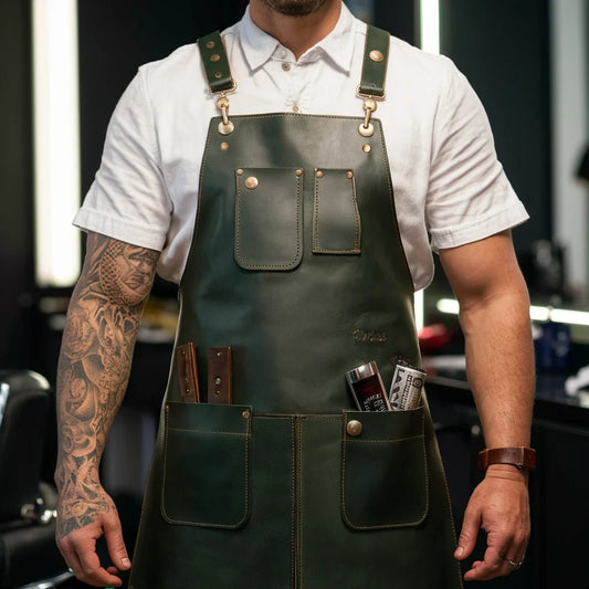 ShearGuard Dark Green Crazy Horse Leather Barber Apron – Professional - Crowned Bag