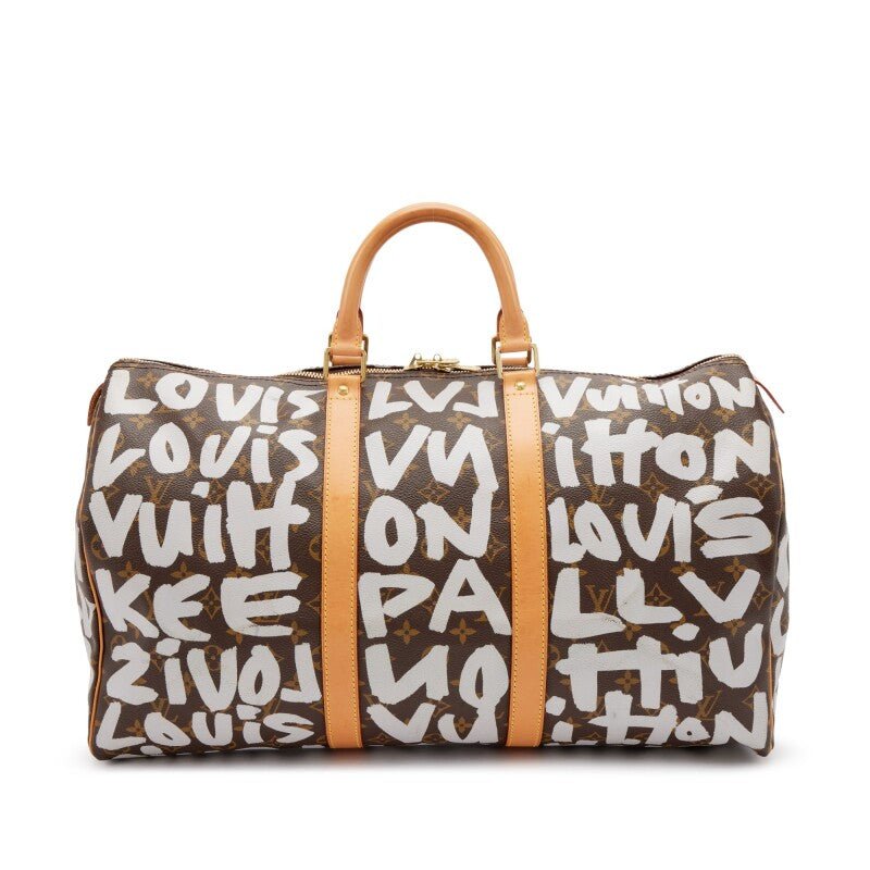 Stephen Sprouse Grey and Brown Monogram Graffiti Coated Canvas Keepall 50 Gold Hardware, 2001 - Crowned Bag