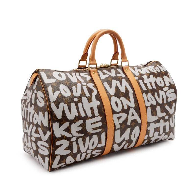 Stephen Sprouse Grey and Brown Monogram Graffiti Coated Canvas Keepall 50 Gold Hardware, 2001 - Crowned Bag