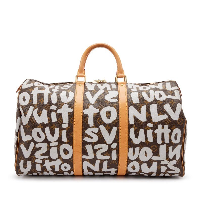 Stephen Sprouse Grey and Brown Monogram Graffiti Coated Canvas Keepall 50 Gold Hardware, 2001 - Crowned Bag