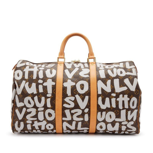 Stephen Sprouse Grey and Brown Monogram Graffiti Coated Canvas Keepall 50 Gold Hardware, 2001 - Crowned Bag