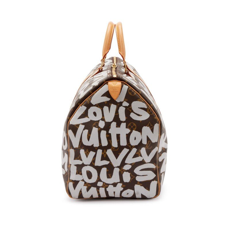 Stephen Sprouse Grey and Brown Monogram Graffiti Coated Canvas Keepall 50 Gold Hardware, 2001 - Crowned Bag