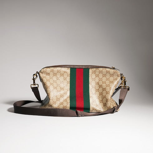 Medium GG crossbody bag with Web - sand and brown GG canvas