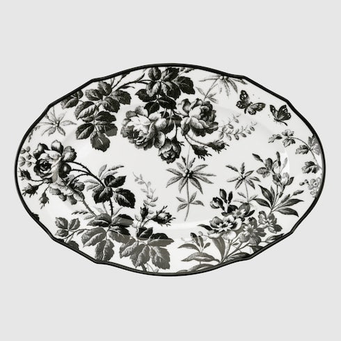 Herbarium oval tray - black and white porcelain