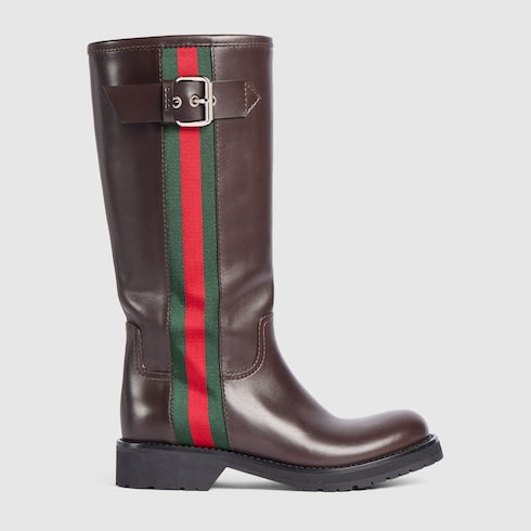 Women's biker boot with Web - brown leather