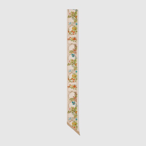 Printed silk twill ribbon - ivory and multicolor