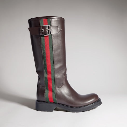 Women's biker boot with Web - brown leather