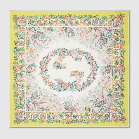 Printed silk twill carré - aquamarine and yellow