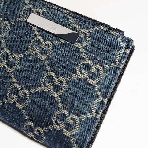 Small wallet with Gucci plaque - dark blue GG denim