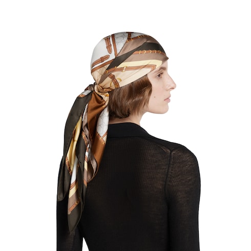 Printed silk twill carré - dark brown and beige