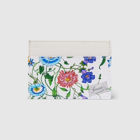 Flora-motif card case - white and multicolor canvas