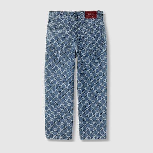 Children's GG denim jacquard pants - blue and ivory