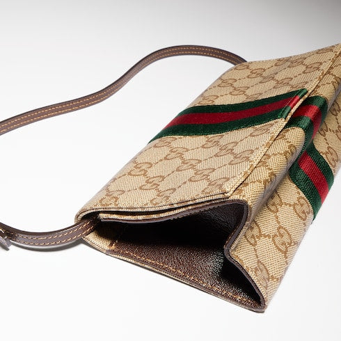 Small pouch with strap and Web - sand and brown GG canvas