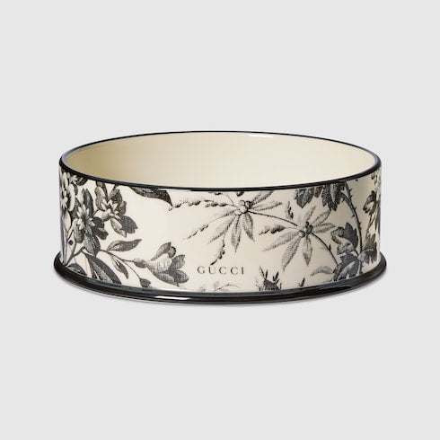 Large Herbarium print pet bowl - black and beige porcelain