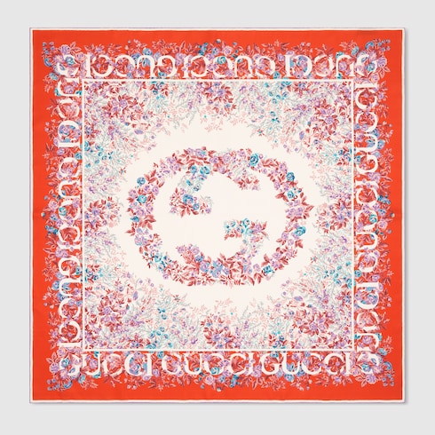Printed silk twill carré - orange and lilac