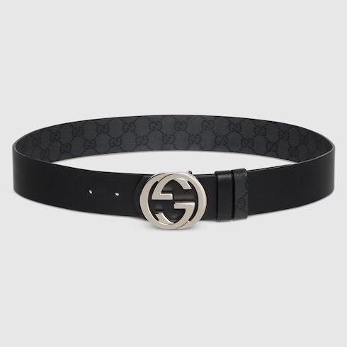 Reversible belt with Interlocking G buckle - black GG canvas and leather