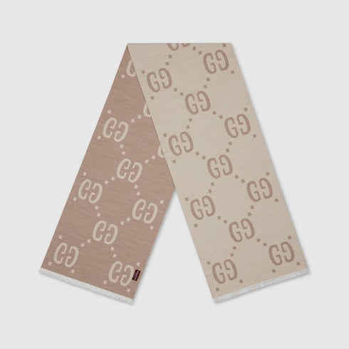 GG jacquard wool silk scarf - ivory and beige