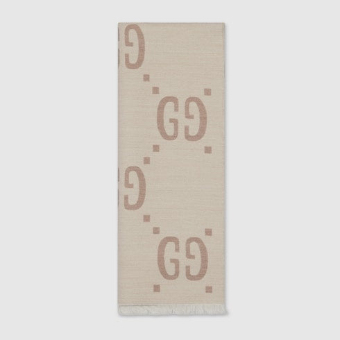 GG jacquard wool silk scarf - ivory and beige