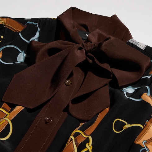 Printed silk chemisier dress - black and brown