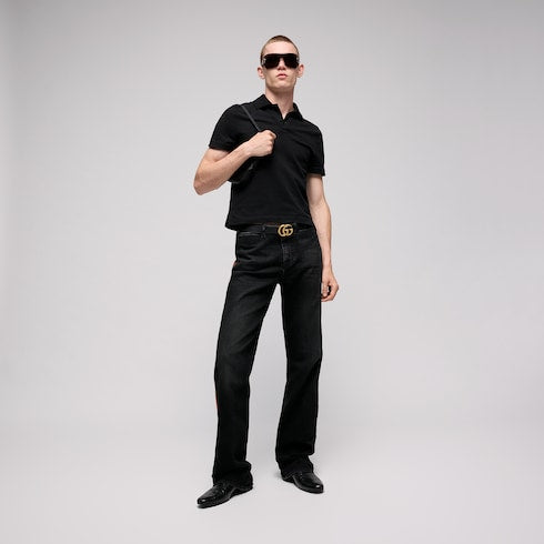 Men's Slim Black Leather Belt With Gold Double G Buckle