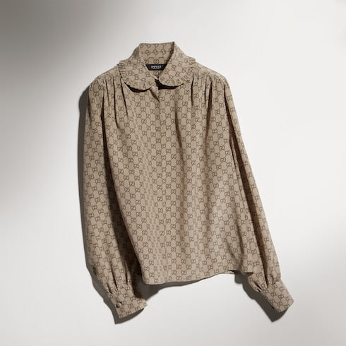 Printed silk crêpe de chine shirt - beige and dark brown