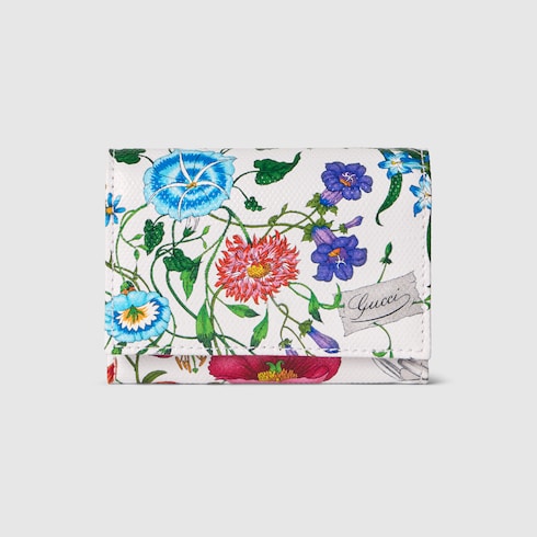 Flora-motif bi-fold card case - white and multicolor canvas