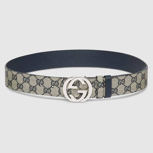 Reversible belt with Interlocking G buckle - blue GG canvas and leather