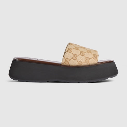 Women's flatform slide sandal - sand and brown GG canvas
