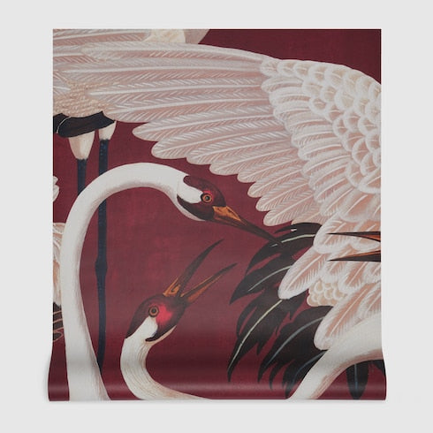Heron print wallpaper - Rosso Ancora red