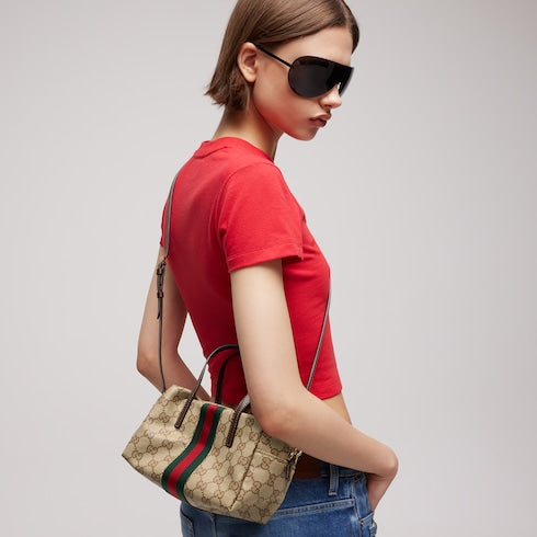 Mini boston bag with Web - sand and brown GG canvas