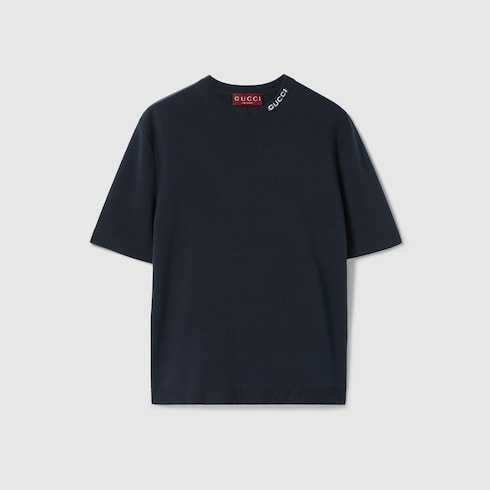 Silk cotton T-shirt with Gucci intarsia - navy