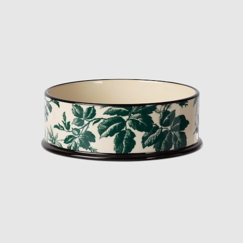 Large Herbarium print pet bowl - green and ivory porcelain